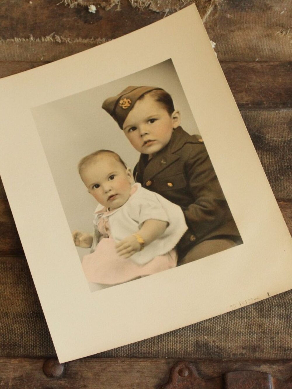 Vintage 1940s Photo, WW2 Homefront Colorized Bother and Sister Portrait, RAF Uni